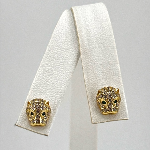 925 Sterling Silver Jaguar/Leopard Cat With Green Eyes Stud Earrings - Picture 2 of 4